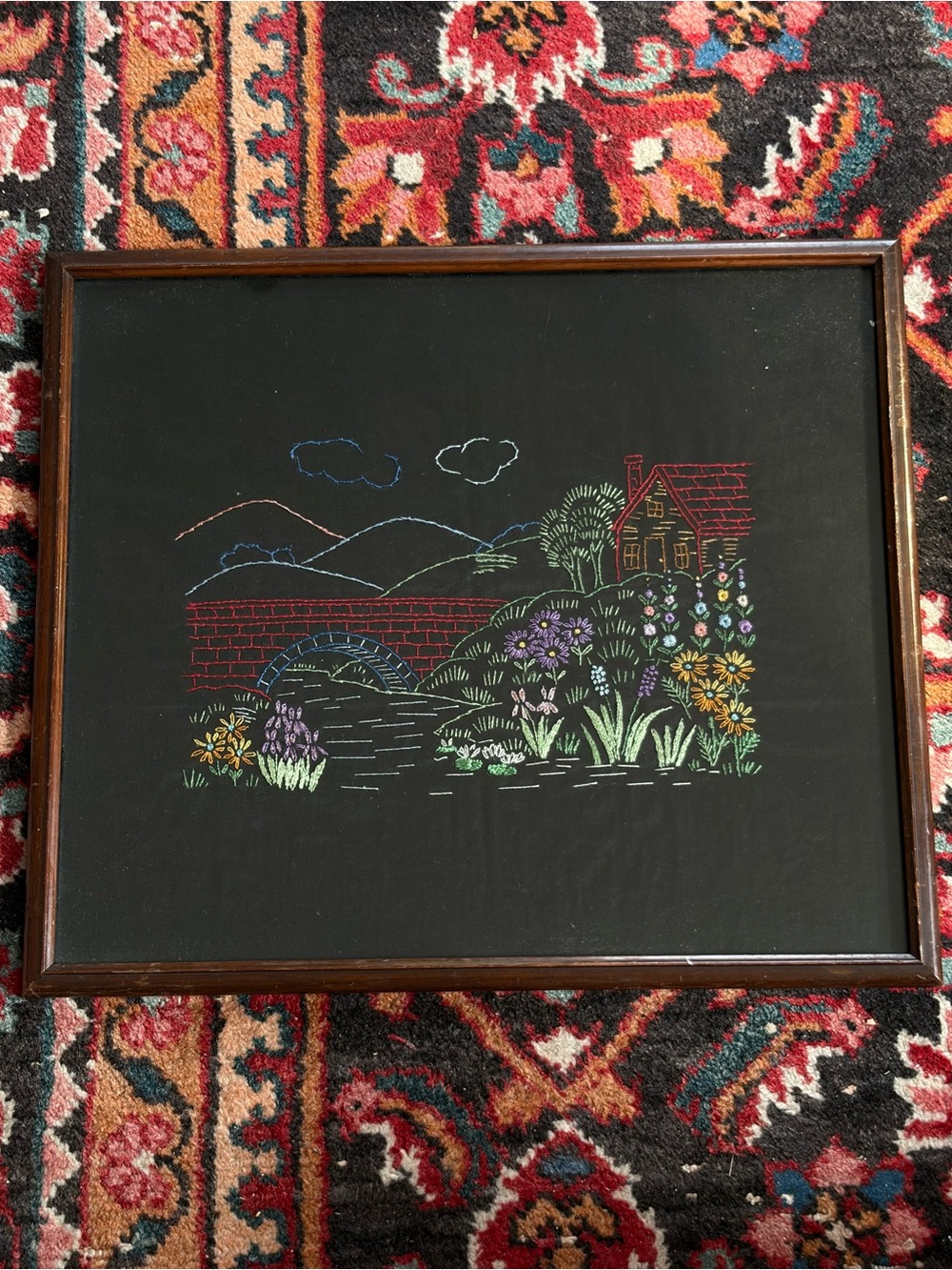 Hand-Embroidered Floral Cottage Framed Art - Multicolor on Black